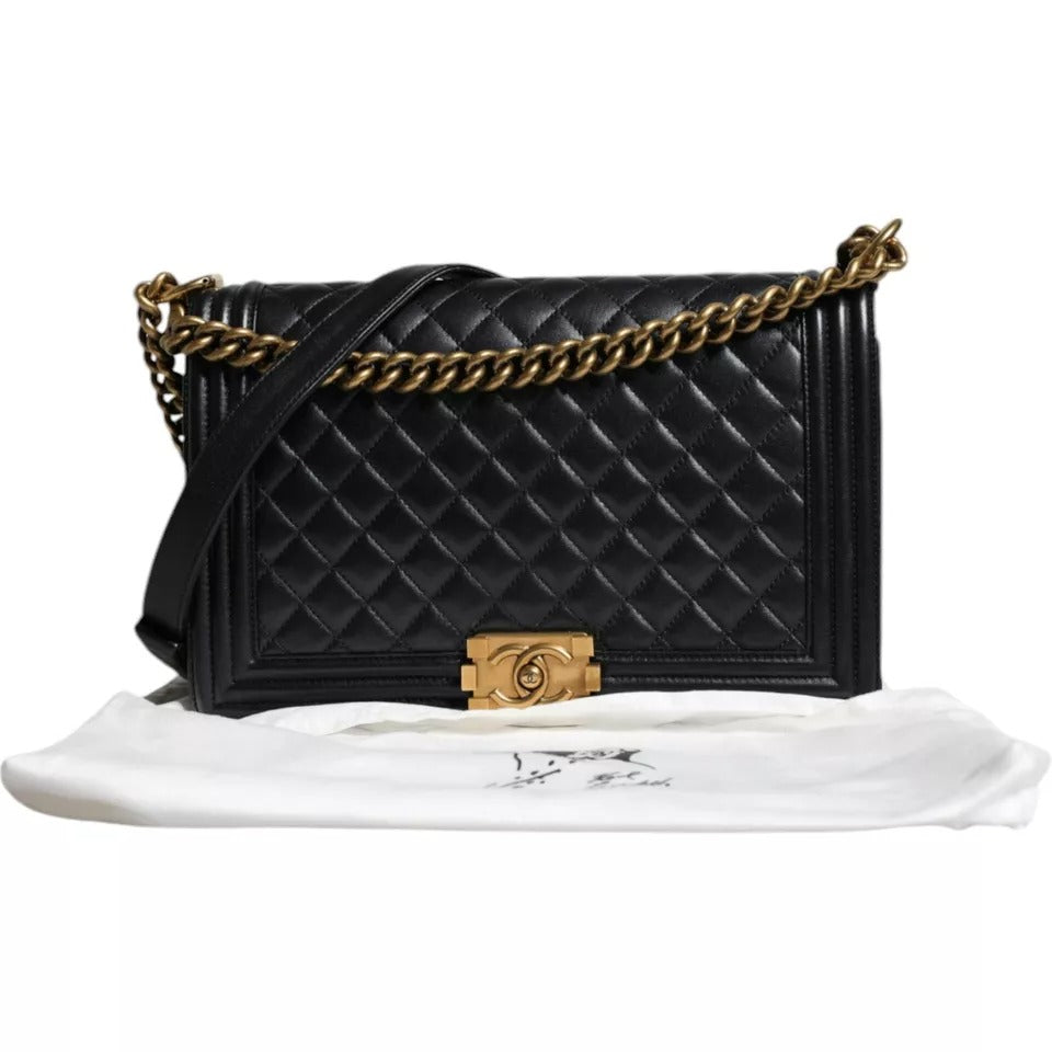  - Black Large Lambskin Double Chain Gold Leather Shoulder Bag