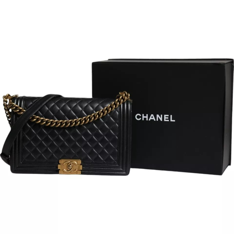  - Black Large Lambskin Double Chain Gold Leather Shoulder Bag