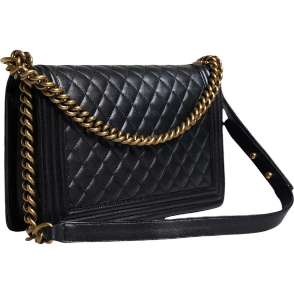  - Black Large Lambskin Double Chain Gold Leather Shoulder Bag