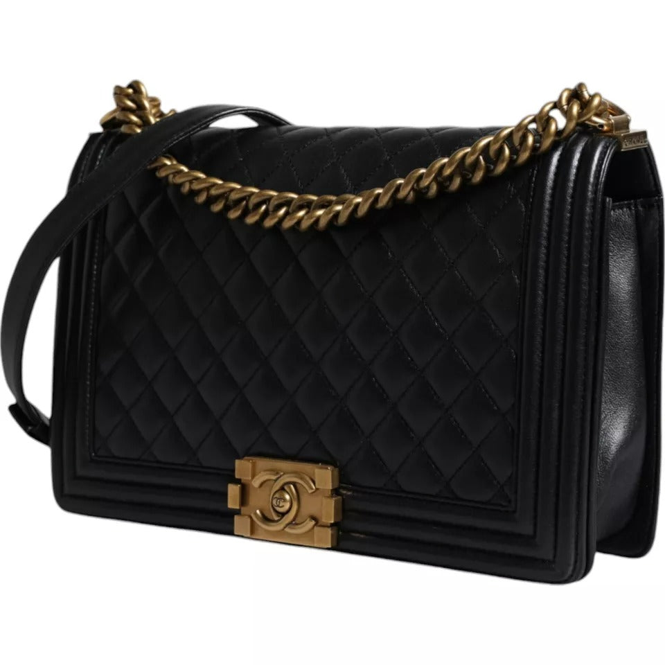  - Black Large Lambskin Double Chain Gold Leather Shoulder Bag