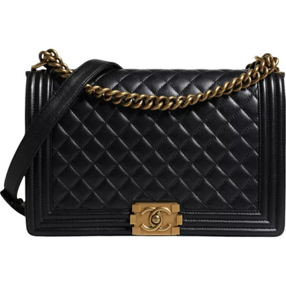  - Black Large Lambskin Double Chain Gold Leather Shoulder Bag