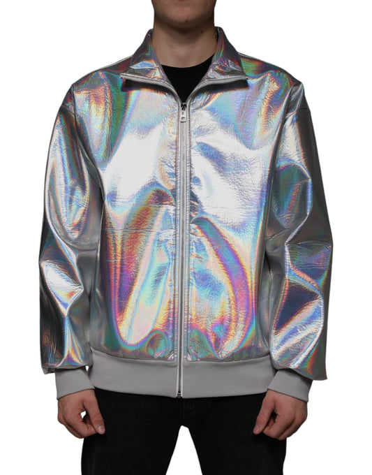 Silver Iridescent Full Zip Men Bomber Jacket - The Luxe Alliance