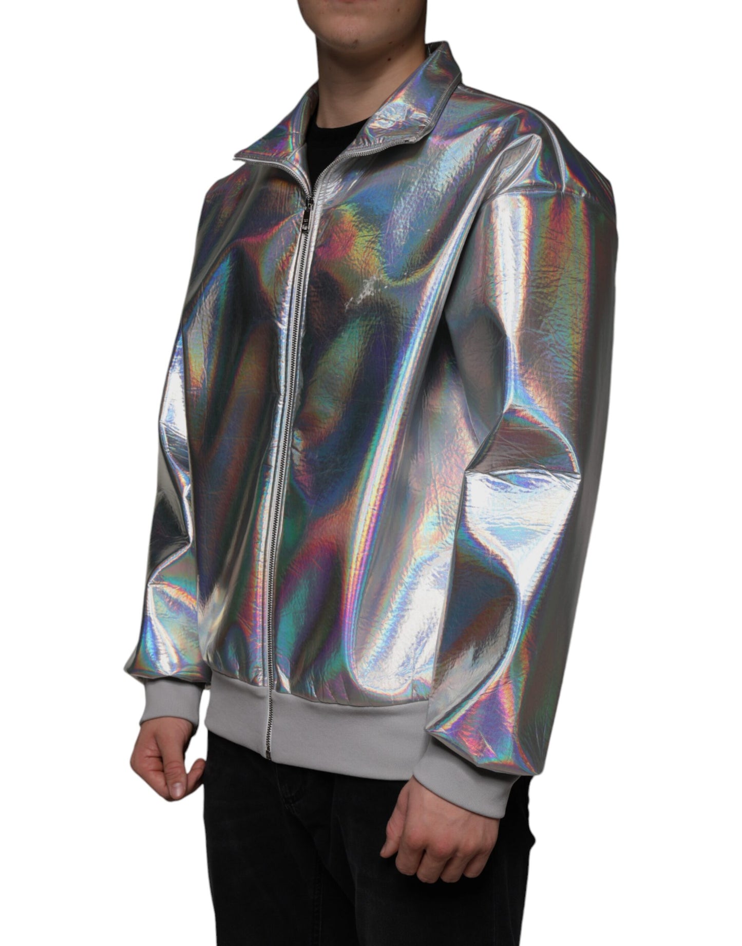 Silver Iridescent Full Zip Men Bomber Jacket - The Luxe Alliance