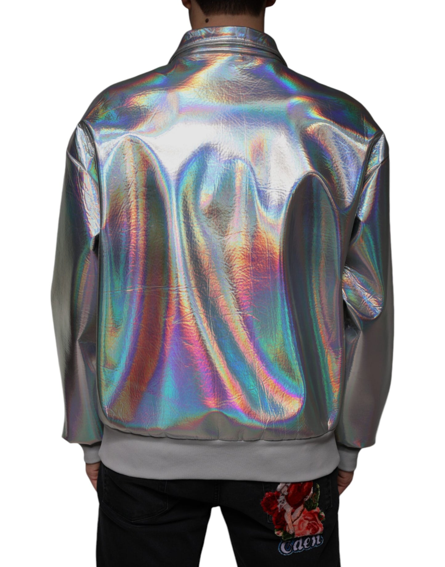 Silver Iridescent Full Zip Men Bomber Jacket - The Luxe Alliance