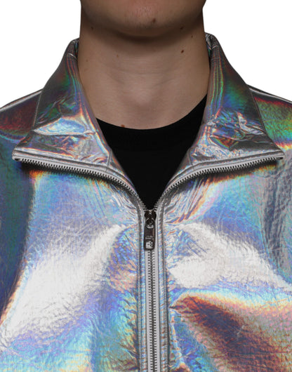 Silver Iridescent Full Zip Men Bomber Jacket - The Luxe Alliance