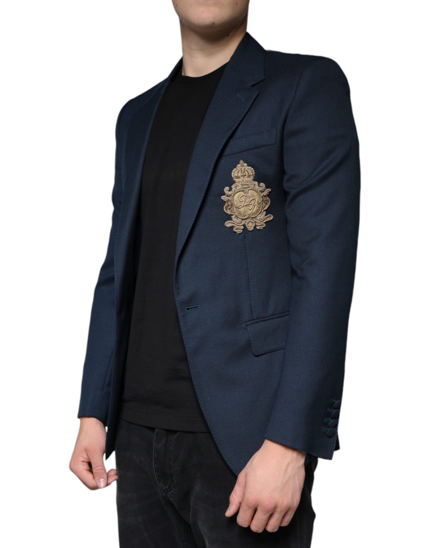 Blue Wool Logo Single Breasted Coat Blazer - The Luxe Alliance