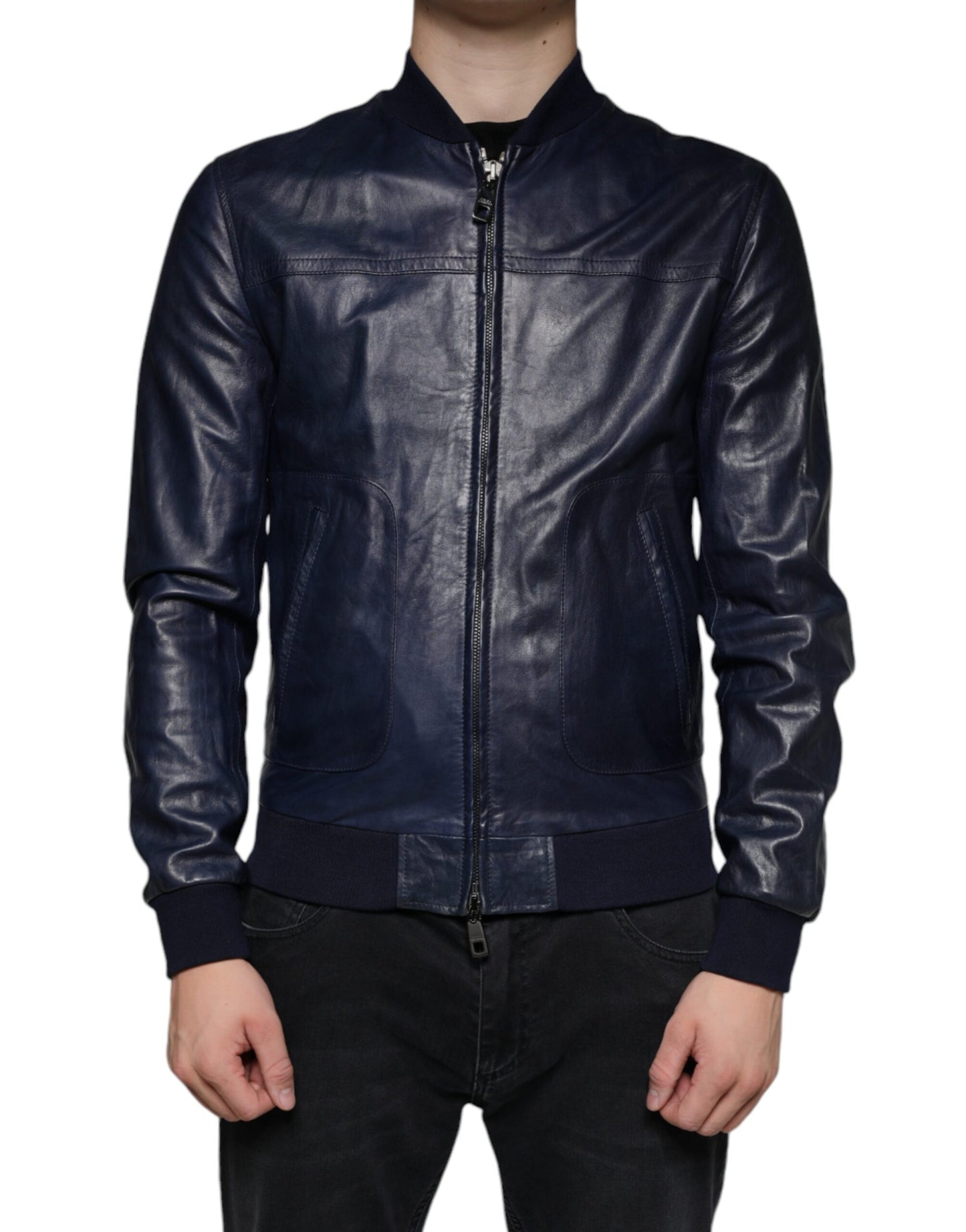 Blue Lambskin Leather Full Zip Biker Jacket - The Luxe Alliance