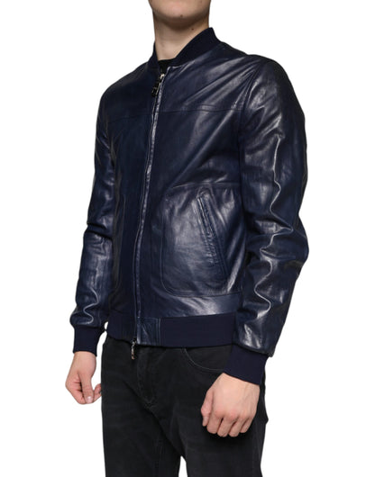 Blue Lambskin Leather Full Zip Biker Jacket - The Luxe Alliance