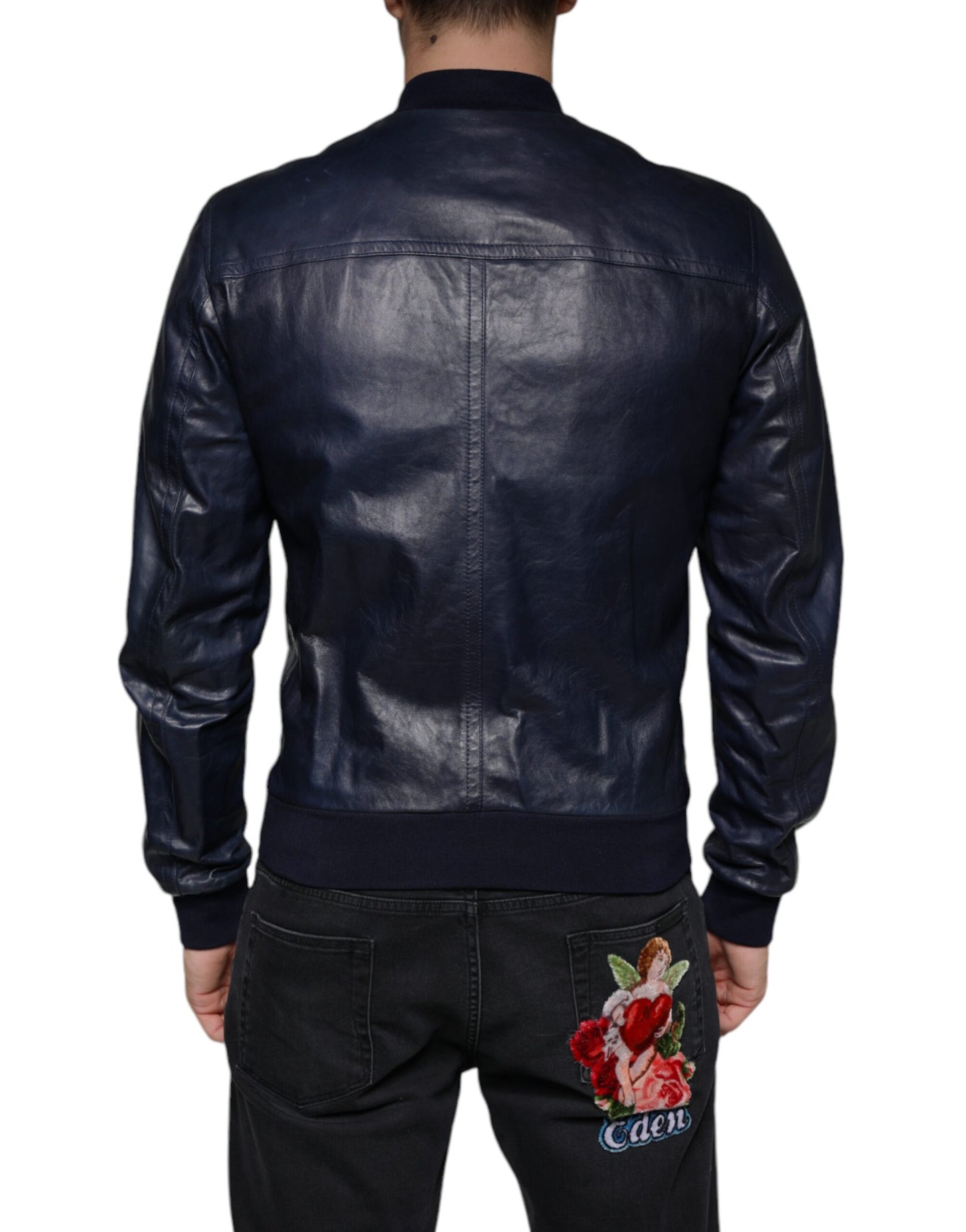 Blue Lambskin Leather Full Zip Biker Jacket - The Luxe Alliance