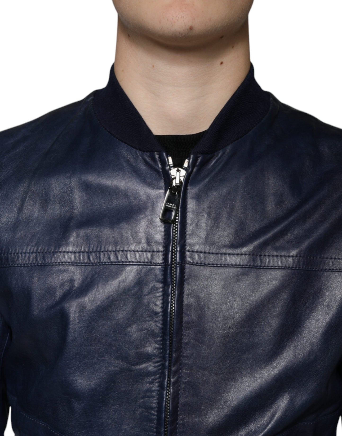 Blue Lambskin Leather Full Zip Biker Jacket - The Luxe Alliance