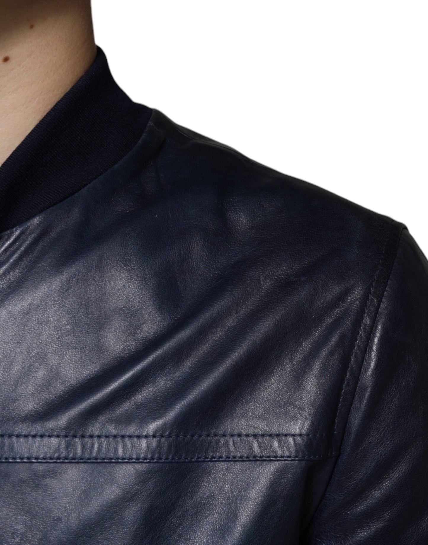 Blue Lambskin Leather Full Zip Biker Jacket - The Luxe Alliance