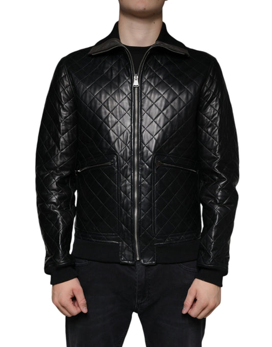 Black Calf Leather Quilted Full Zip Jacket - The Luxe Alliance