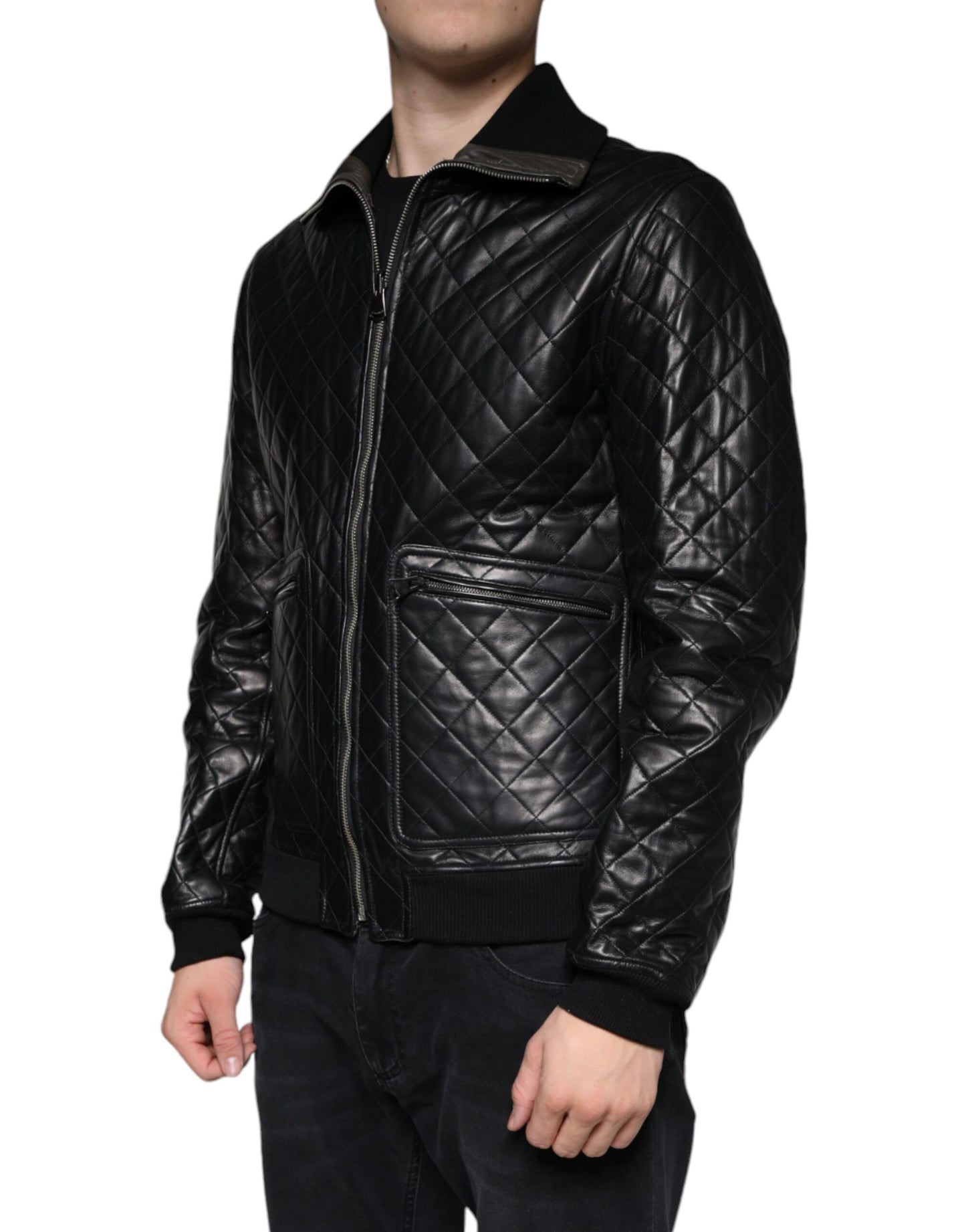 Black Calf Leather Quilted Full Zip Jacket - The Luxe Alliance