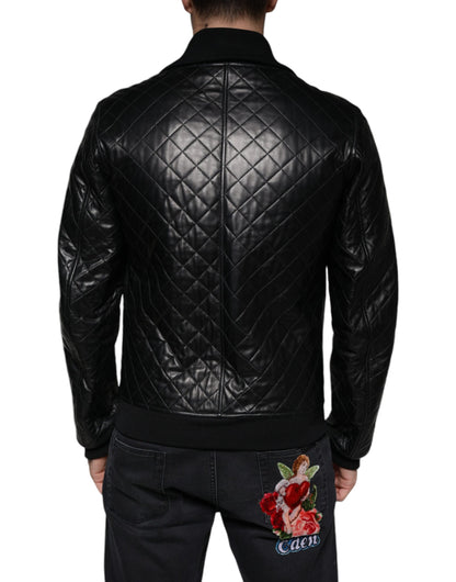 Black Calf Leather Quilted Full Zip Jacket - The Luxe Alliance