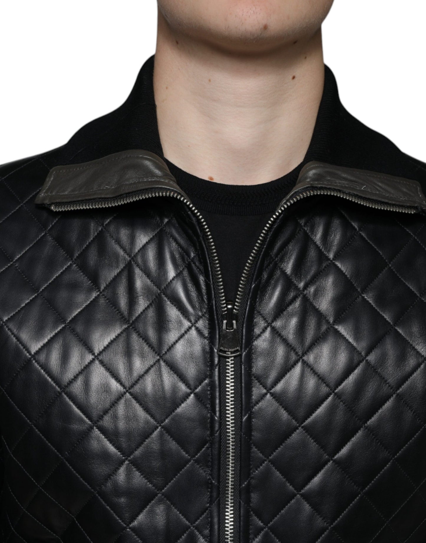 Black Calf Leather Quilted Full Zip Jacket - The Luxe Alliance