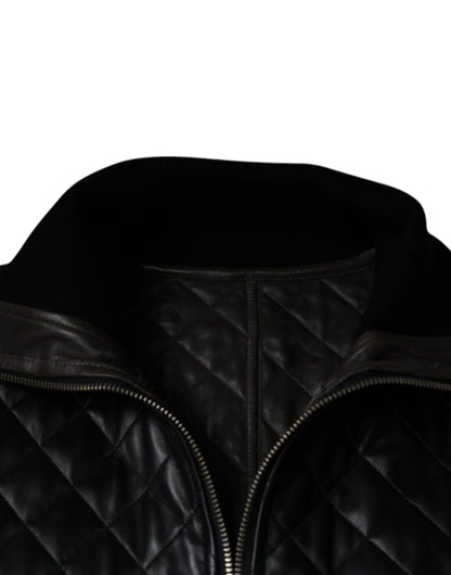 Black Calf Leather Quilted Full Zip Jacket - The Luxe Alliance