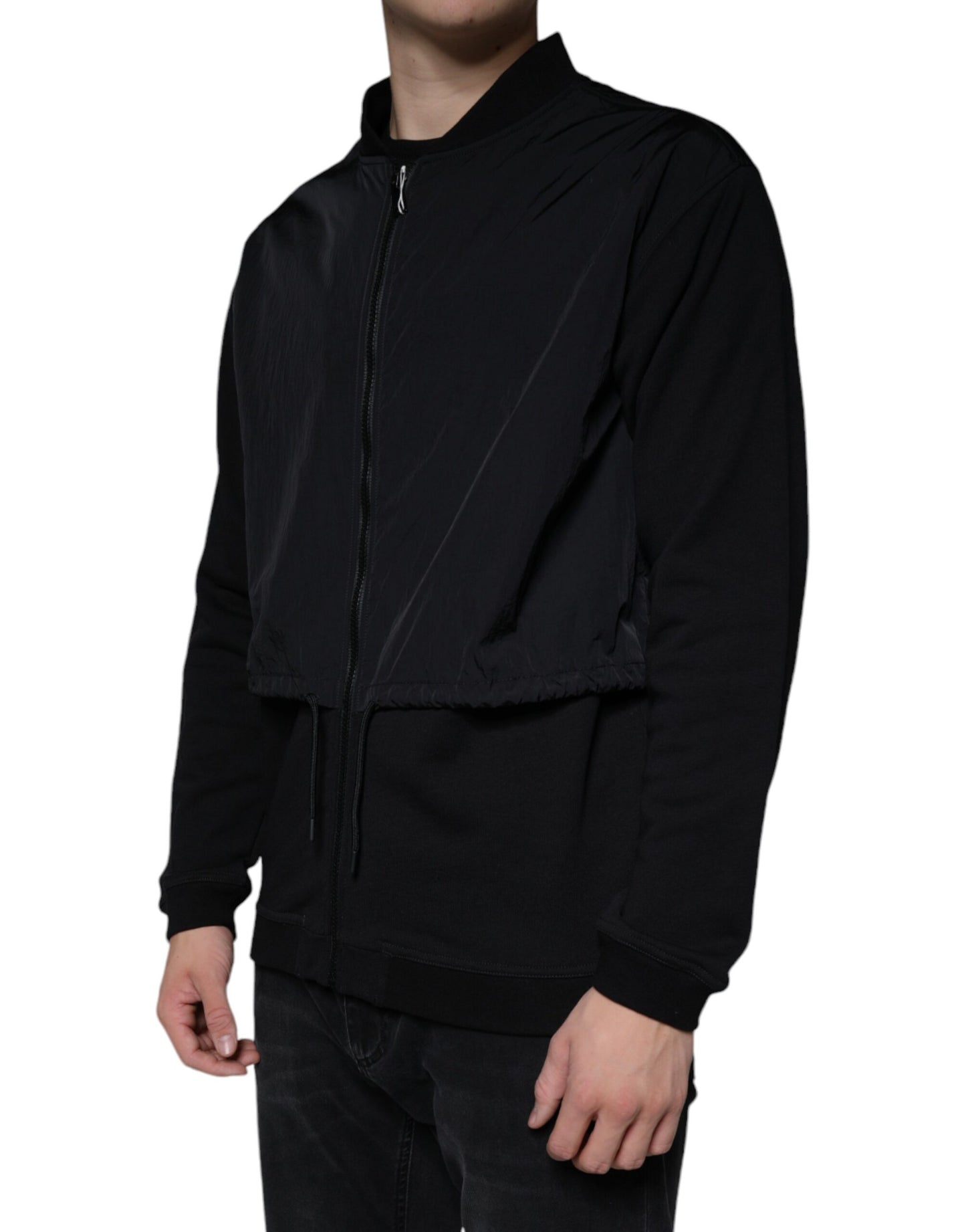 Black Cotton Full Zip Bomber Long Sleeves Jacket - The Luxe Alliance