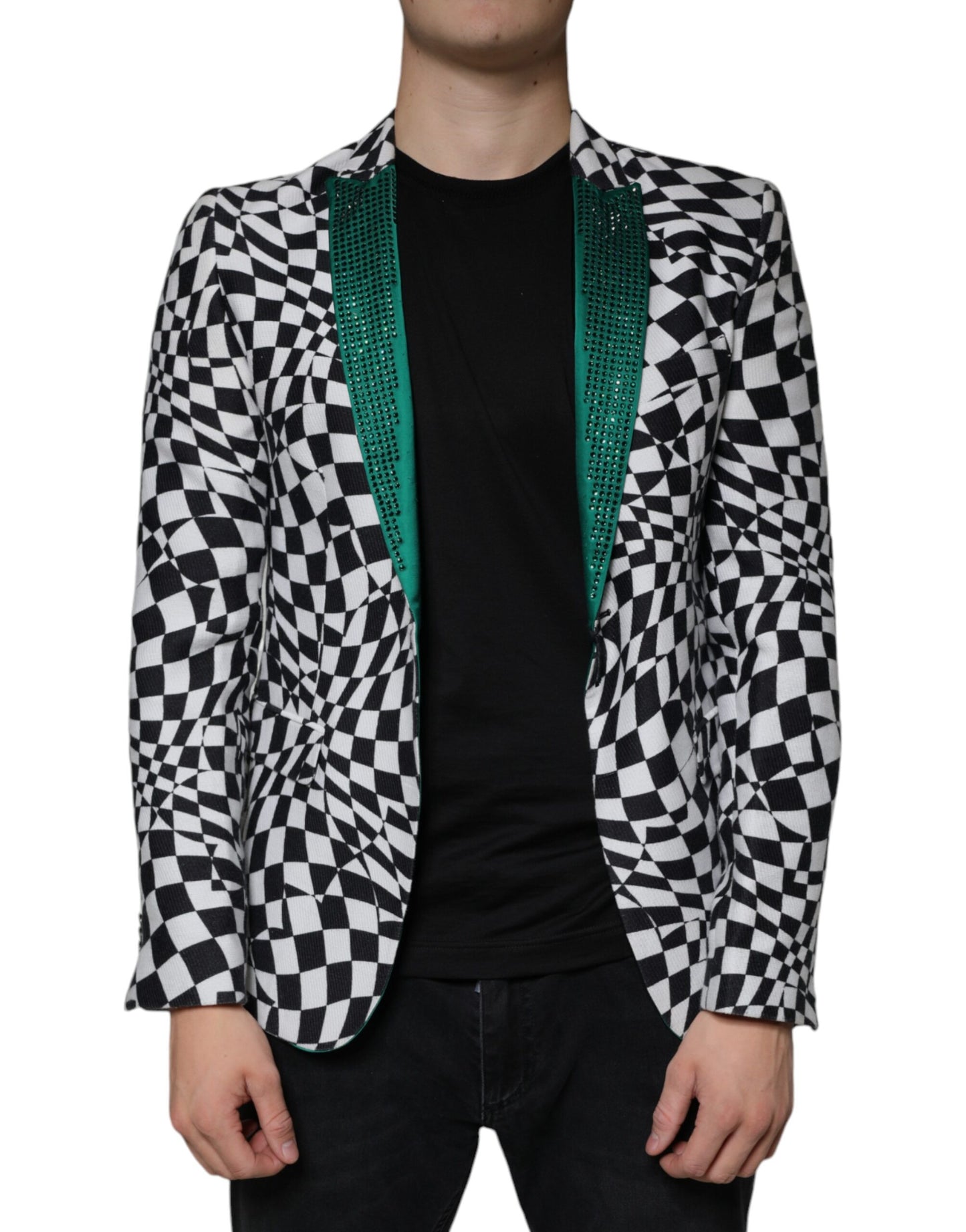  - Black White Checkered Crystal Single Breasted Blazer