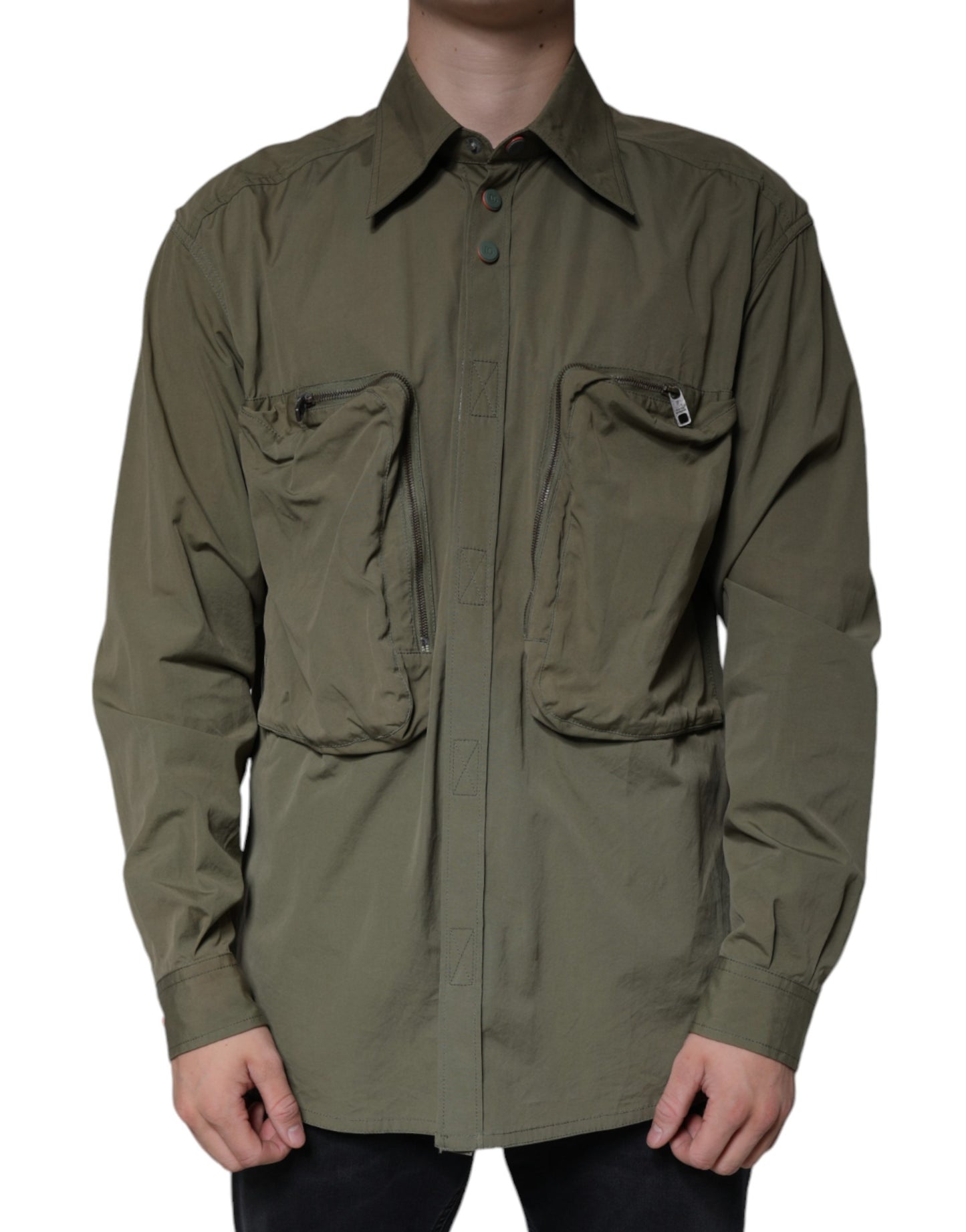  - Military Green Cotton Bend Collared Coat Jacket