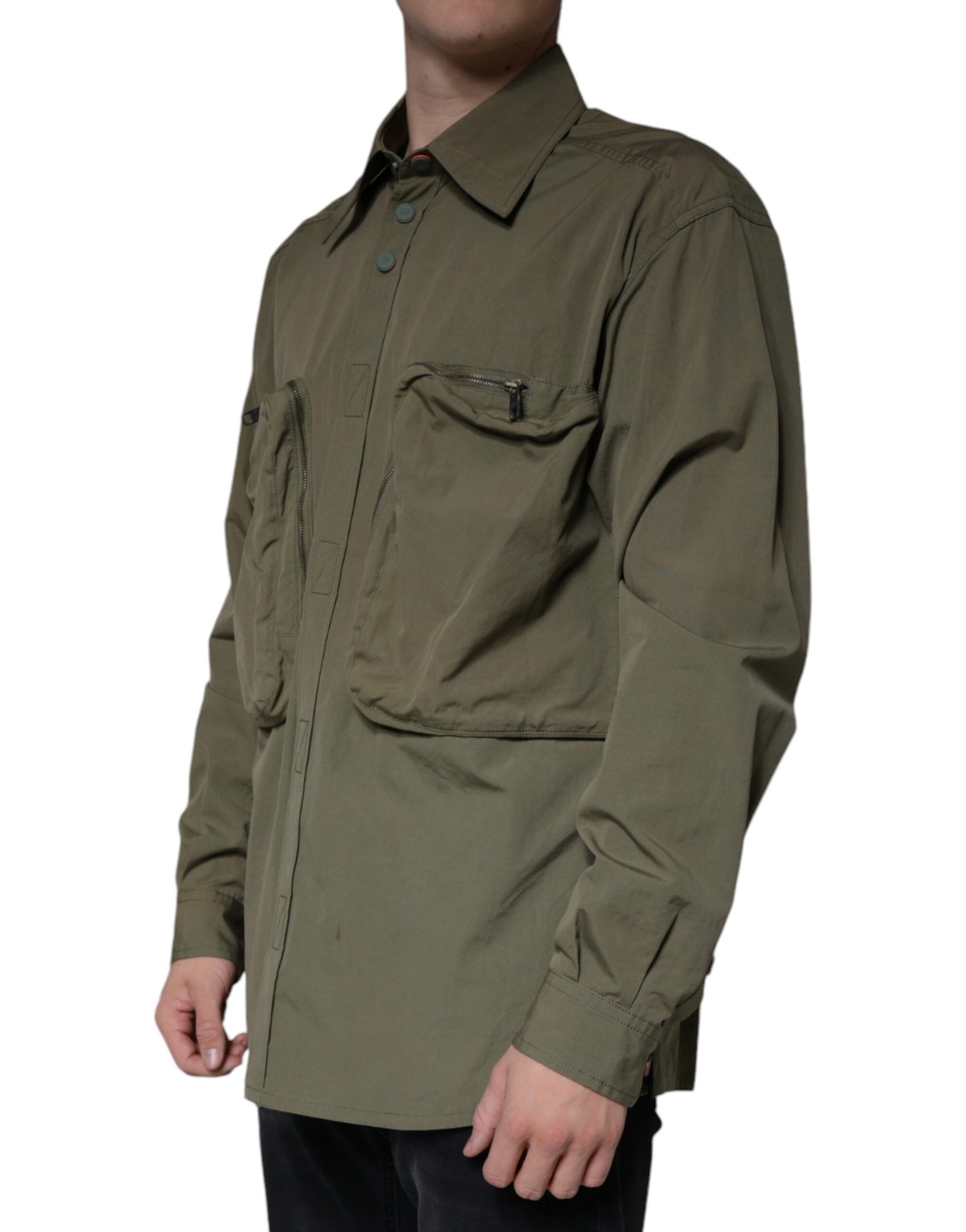  - Military Green Cotton Bend Collared Coat Jacket