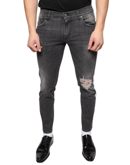  - Black Tattered Cotton Skinny Men Denim Jeans