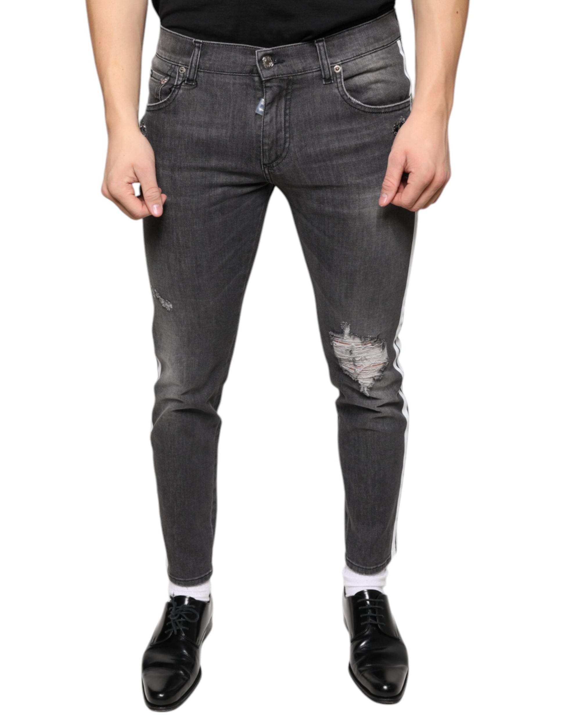 Black Tattered Cotton Skinny Men Denim Jeans