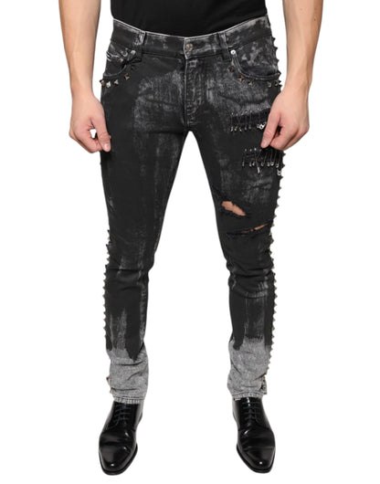  - Black Embellished Cotton Skinny Denim Jeans