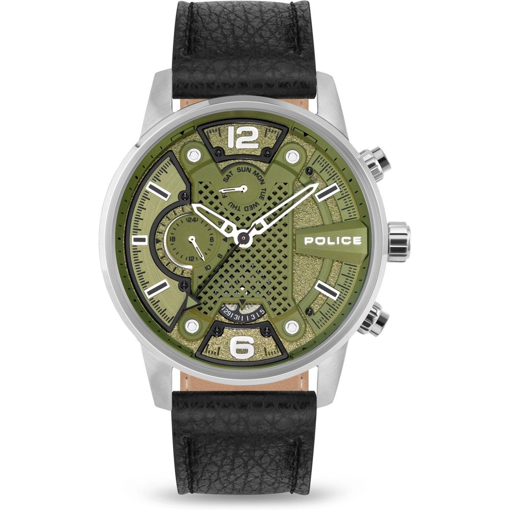 Police Men's Black Leather Strap Watch with Green Dial – 48mm