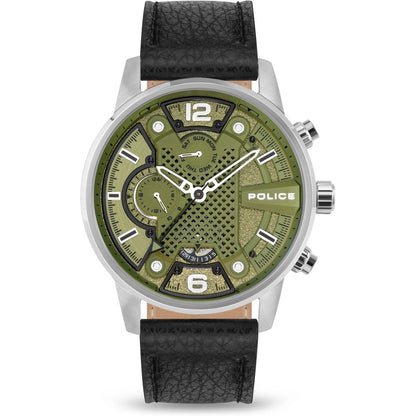 Police Men's Black Leather Strap Watch with Green Dial – 48mm