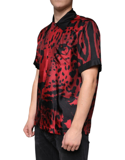  - Red Leopard Silk Button Down Casual Shirt