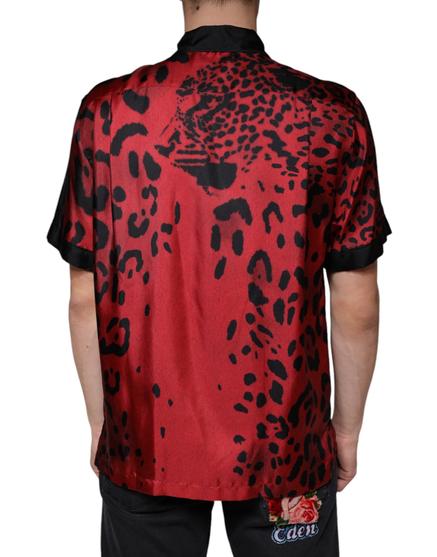  - Red Leopard Silk Button Down Casual Shirt