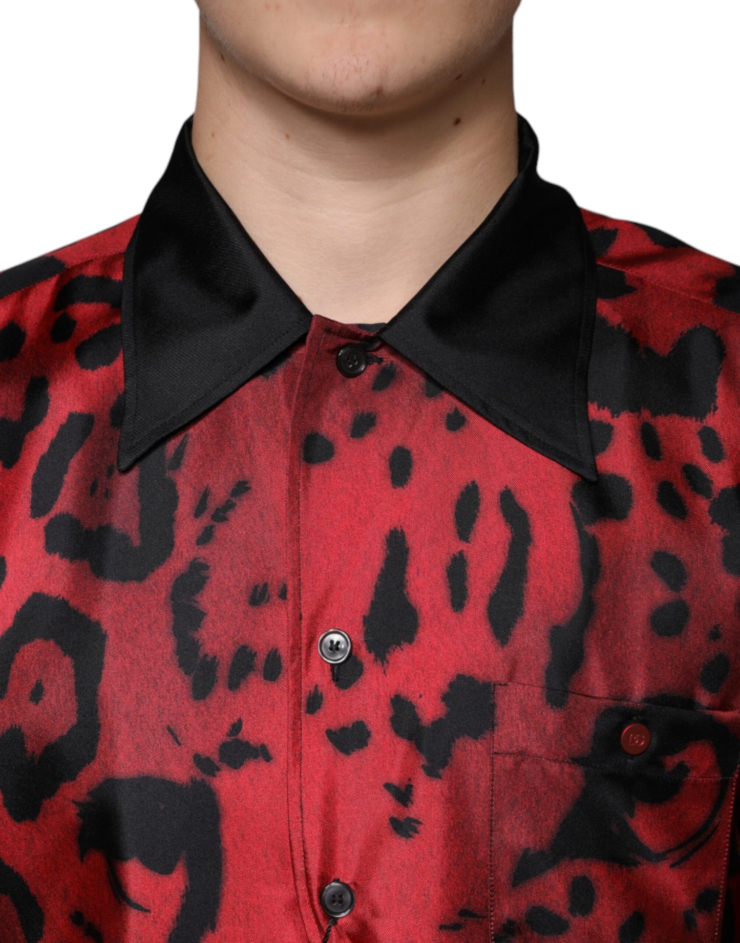  - Red Leopard Silk Button Down Casual Shirt