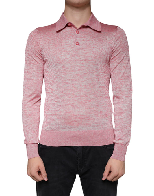  - Pink Polyester Long Sleeve Men Polo T-shirt