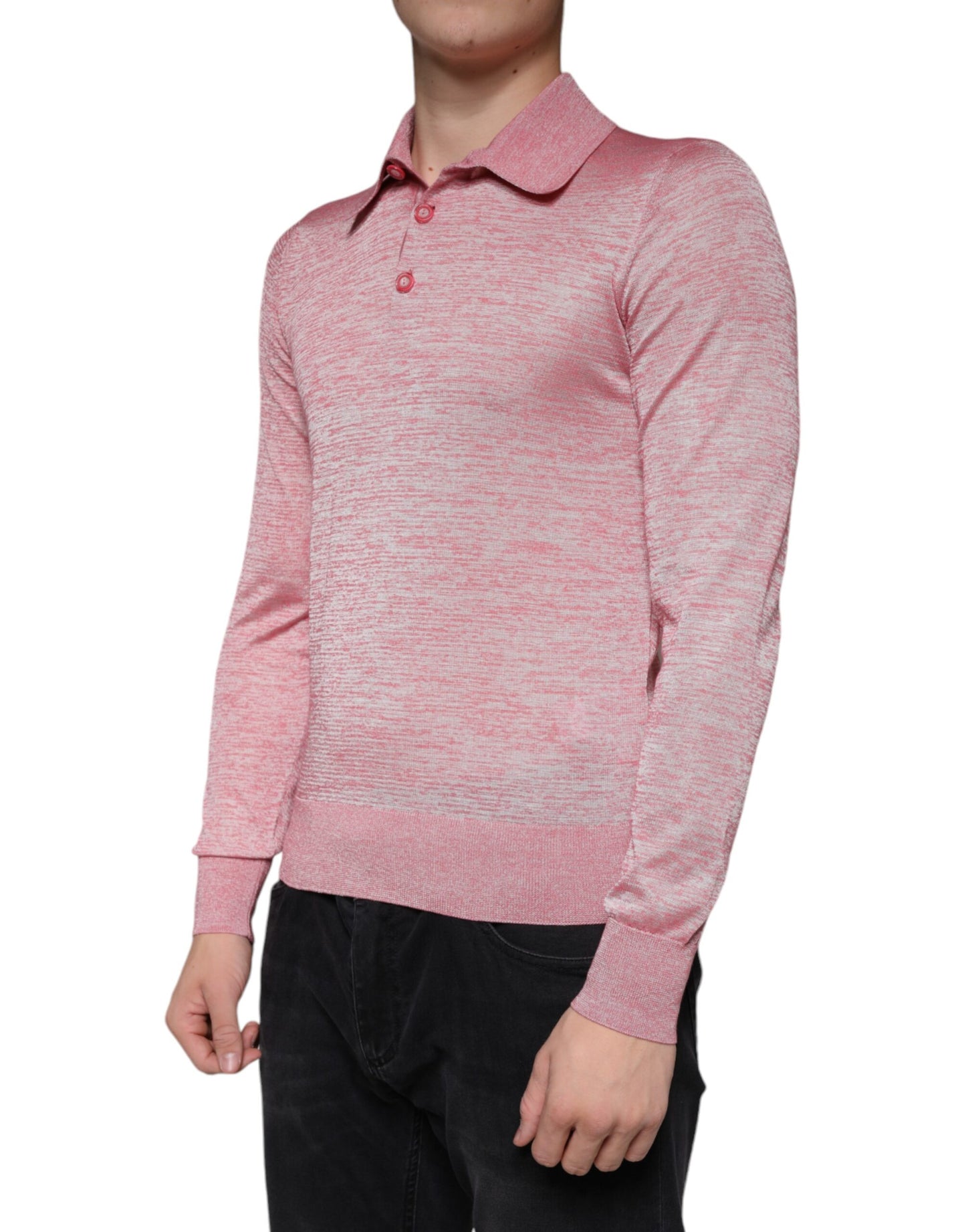  - Pink Polyester Long Sleeve Men Polo T-shirt