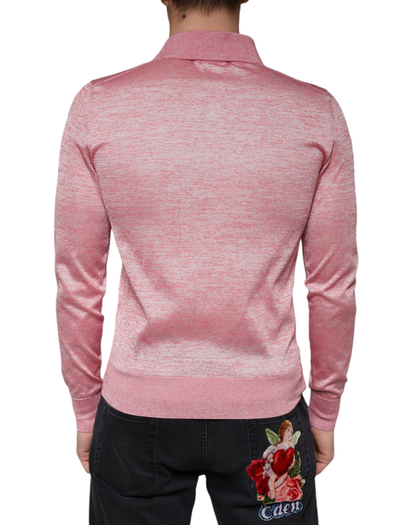  - Pink Polyester Long Sleeve Men Polo T-shirt