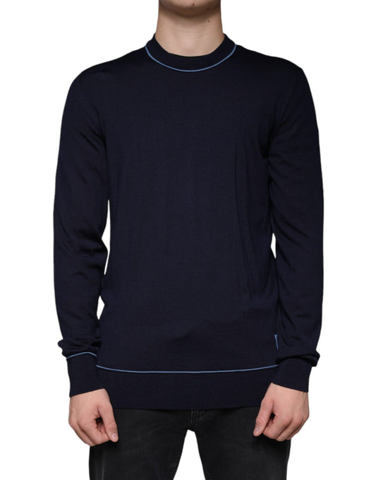  - Dark Blue Wool Crew Neck Men Pullover Sweater