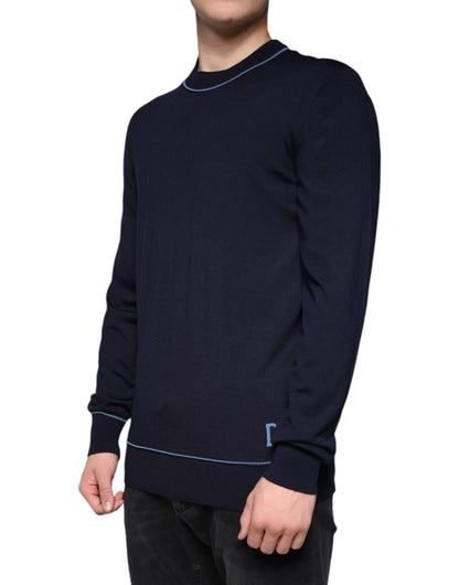  - Dark Blue Wool Crew Neck Men Pullover Sweater