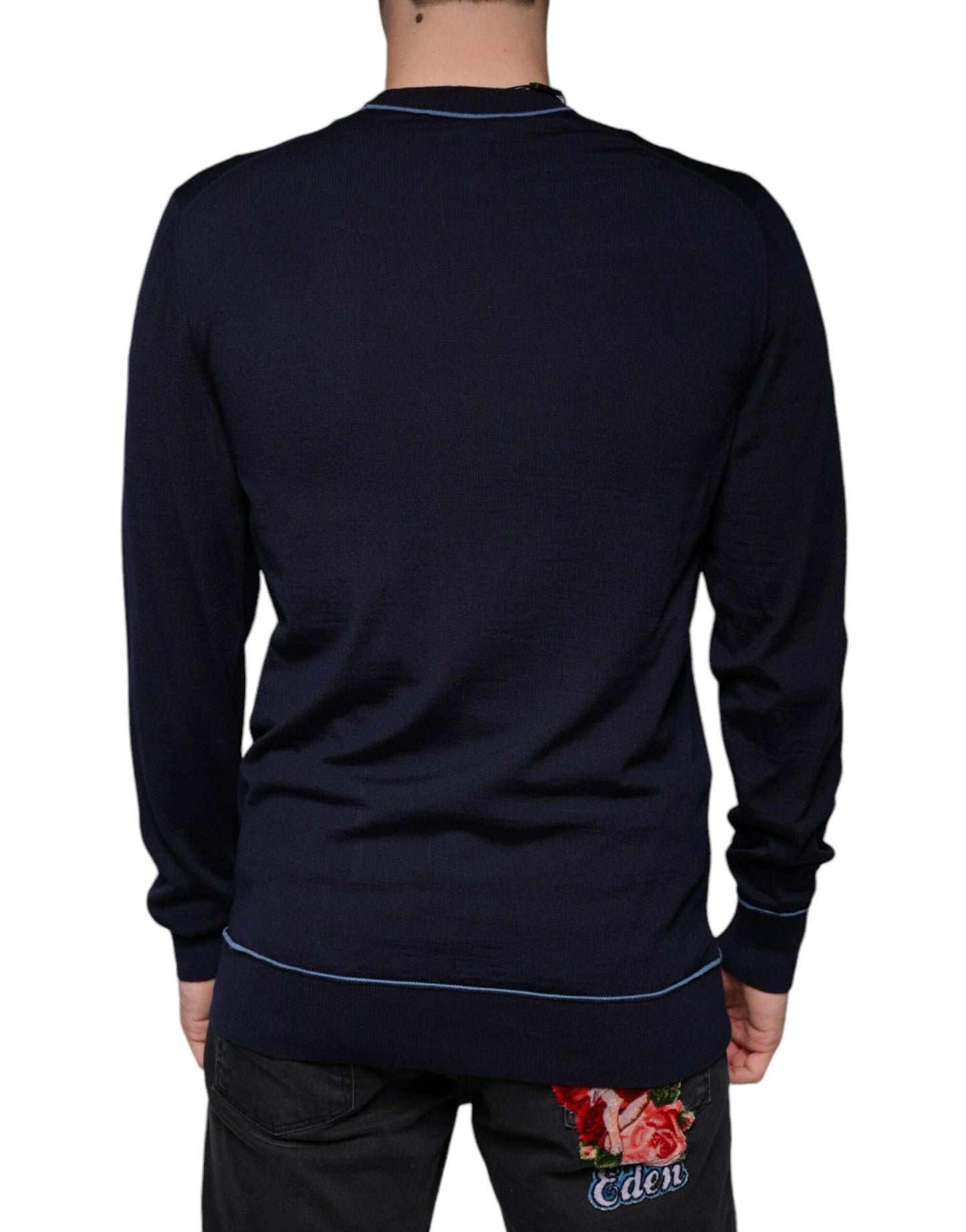  - Dark Blue Wool Crew Neck Men Pullover Sweater