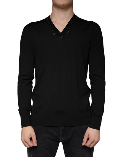  - Black Embellished V-neck Pullover Sweater