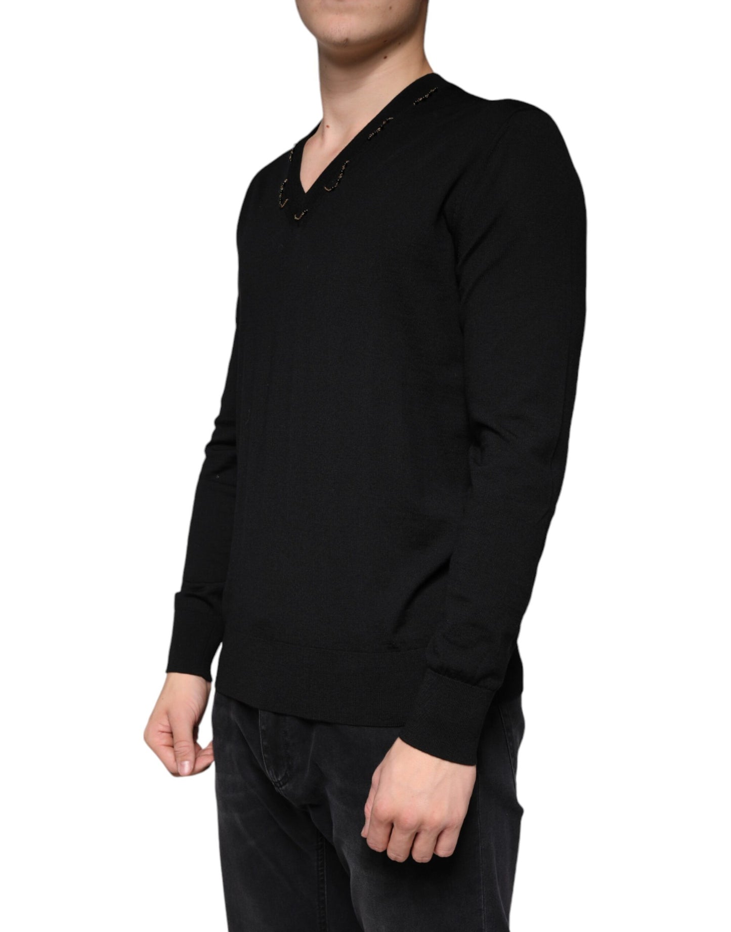  - Black Embellished V-neck Pullover Sweater