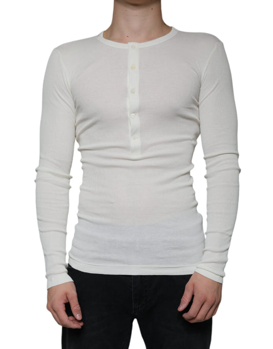  - White Cotton Henley Crew Neck Pullover Sweater