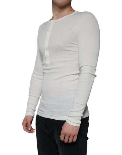  - White Cotton Henley Crew Neck Pullover Sweater