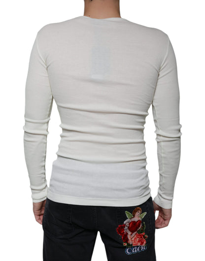  - White Cotton Henley Crew Neck Pullover Sweater