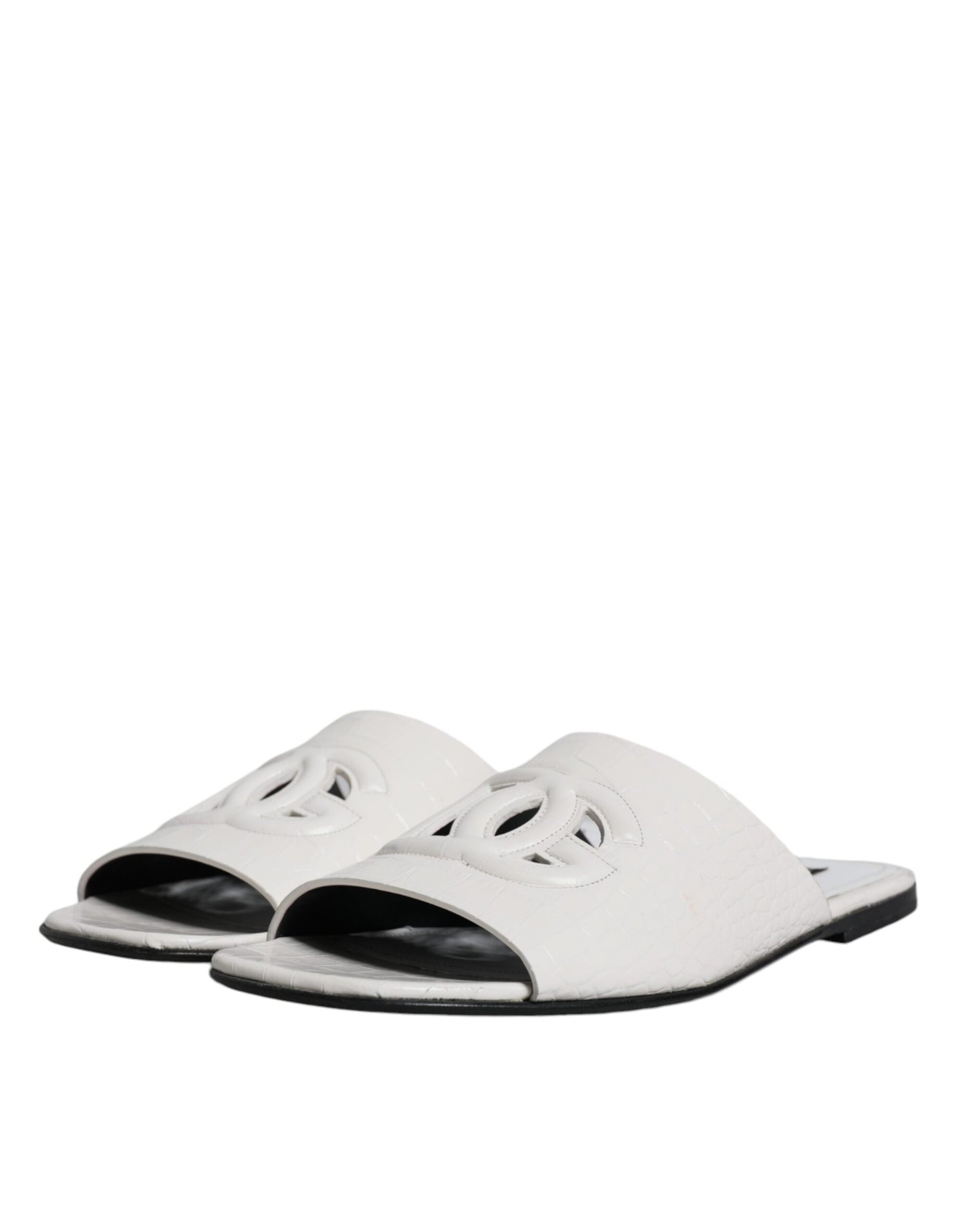 White DG Cut Out Leather Slides Sandals Shoes - The Luxe Alliance