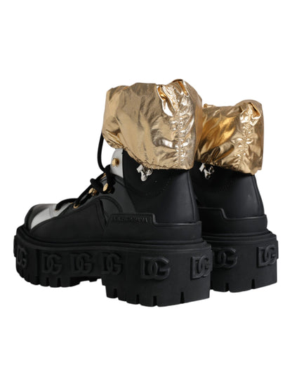  - Black Gold Leather Trekking Ankle Boots Shoes