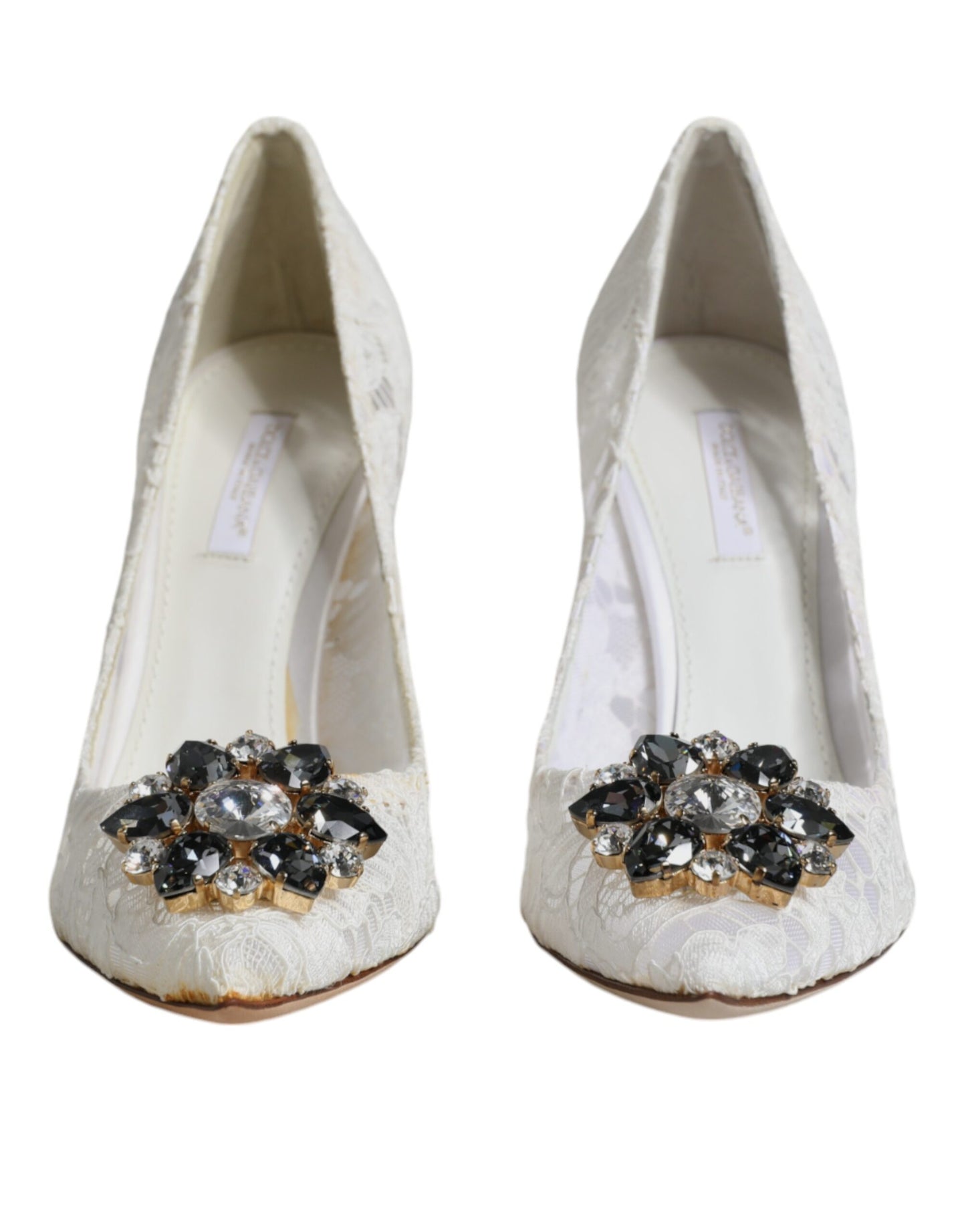  - White Taormina Lace Crystal Heel Pumps Shoes