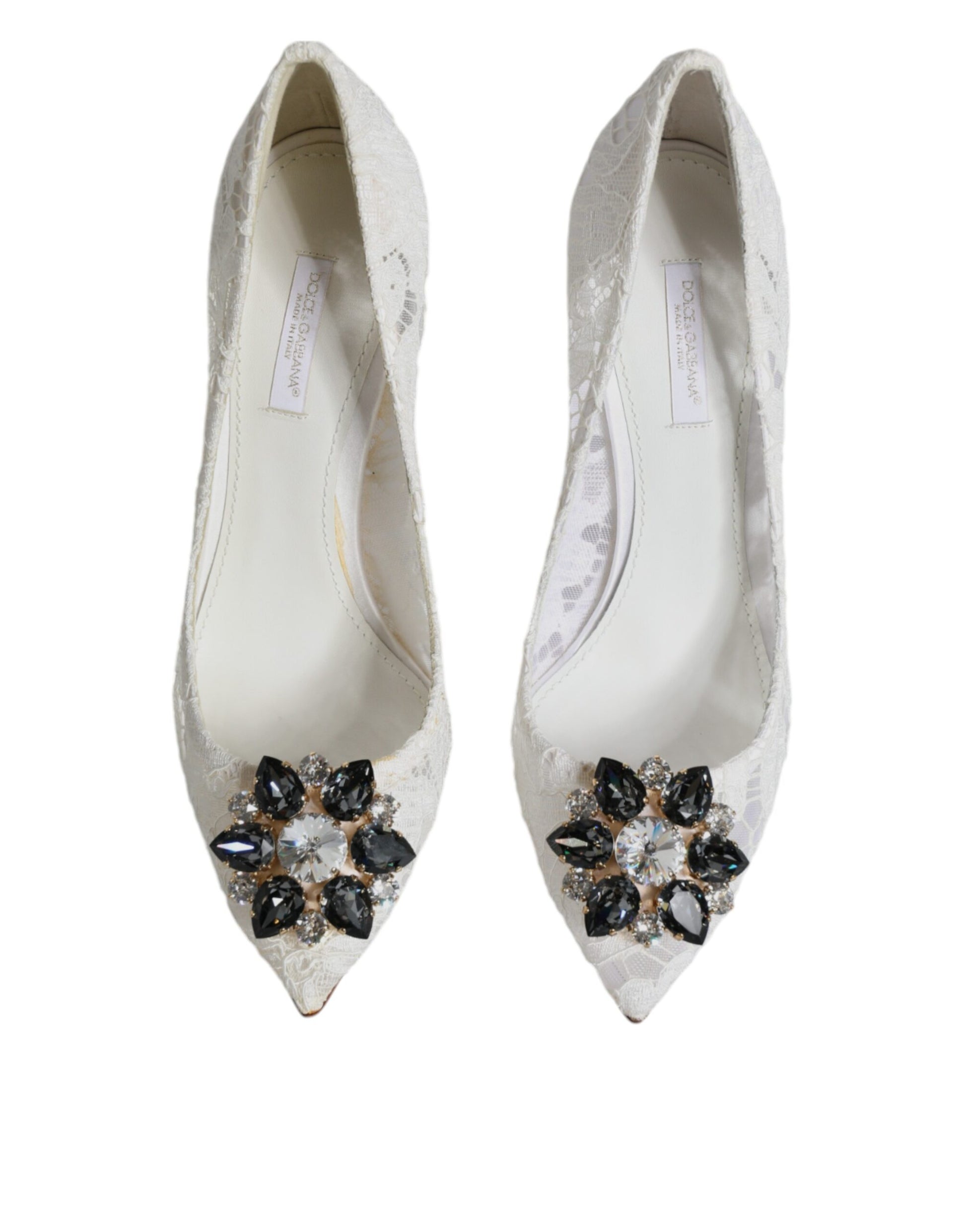 White Taormina Lace Crystal Heel Pumps Shoes