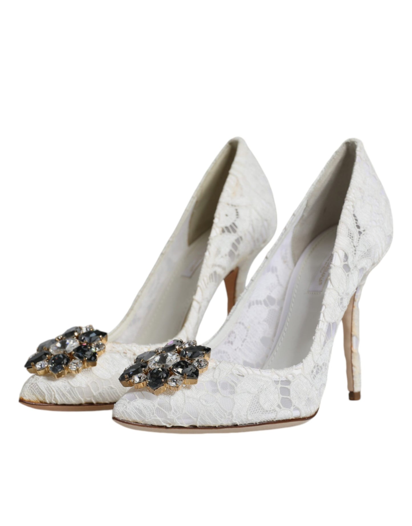  - White Taormina Lace Crystal Heel Pumps Shoes