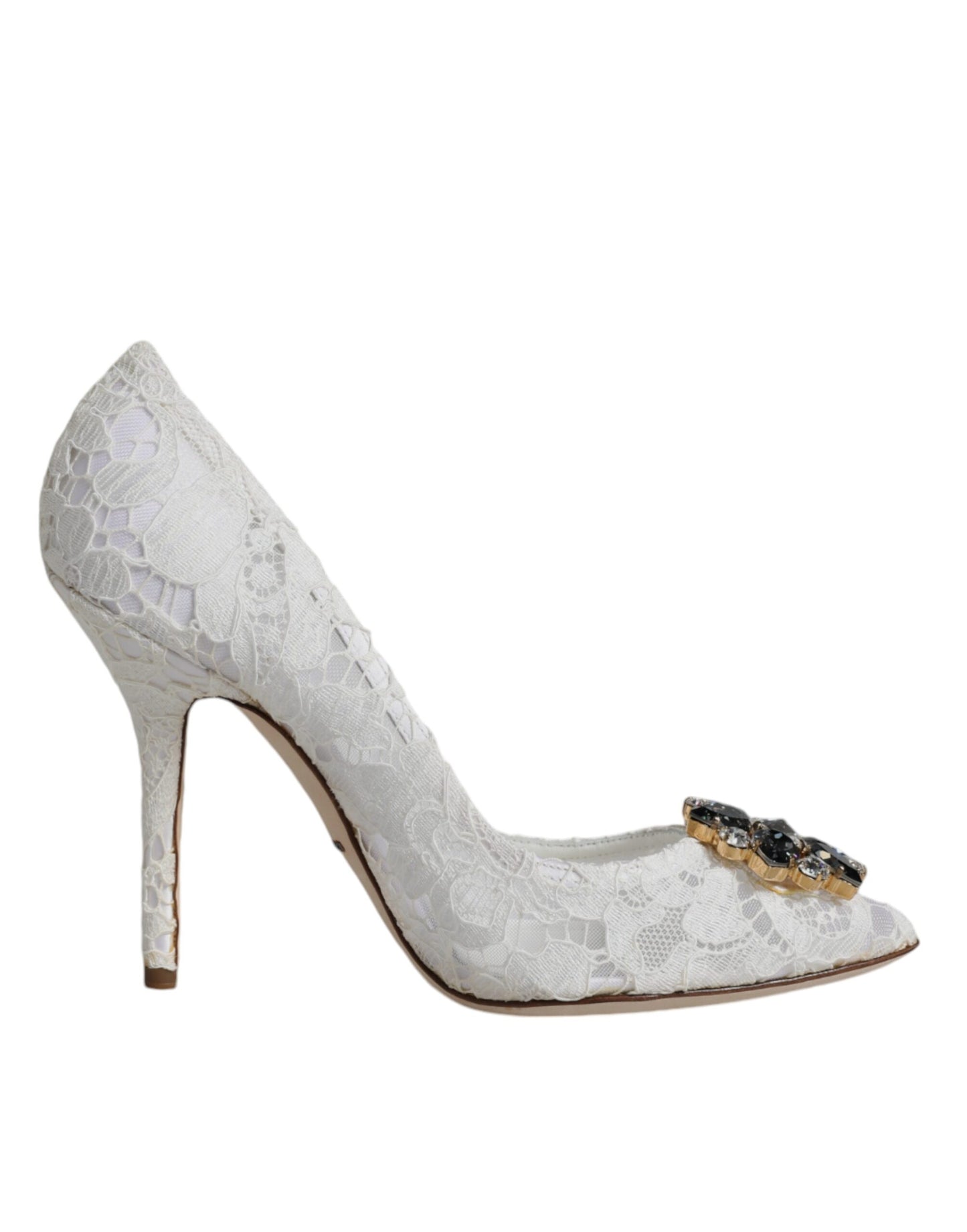  - White Taormina Lace Crystal Heel Pumps Shoes