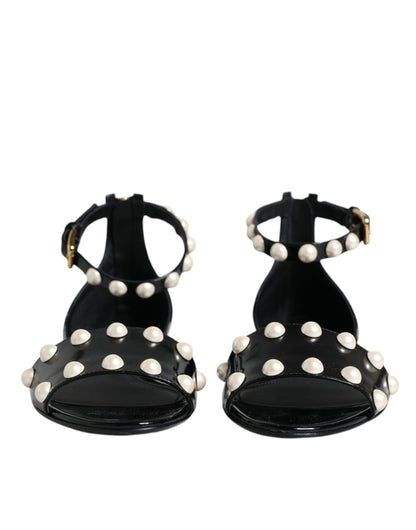  - Black Leather Pearls Ankle Strap Sandals Shoes